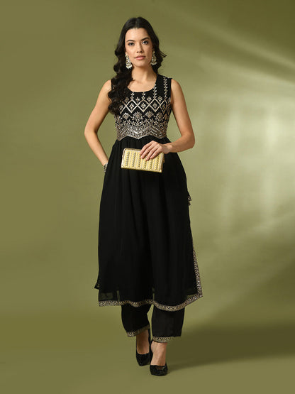 Women's  Black Embroidered Georgette Anarkali Party Kurta Sets