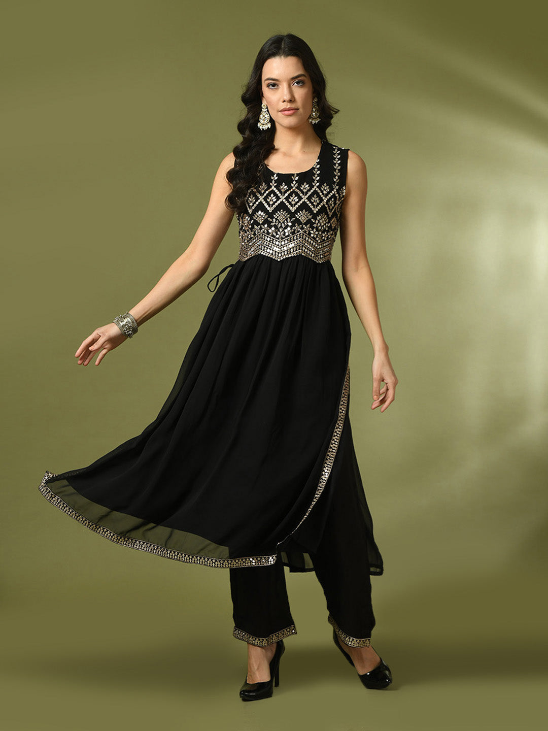 Women's  Black Embroidered Georgette Anarkali Party Kurta Sets