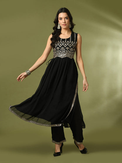 Women's  Black Embroidered Georgette Anarkali Party Kurta Sets