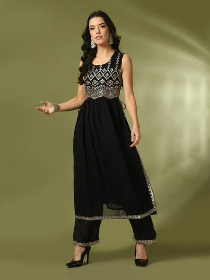 Women's  Black Embroidered Georgette Anarkali Party Kurta Sets