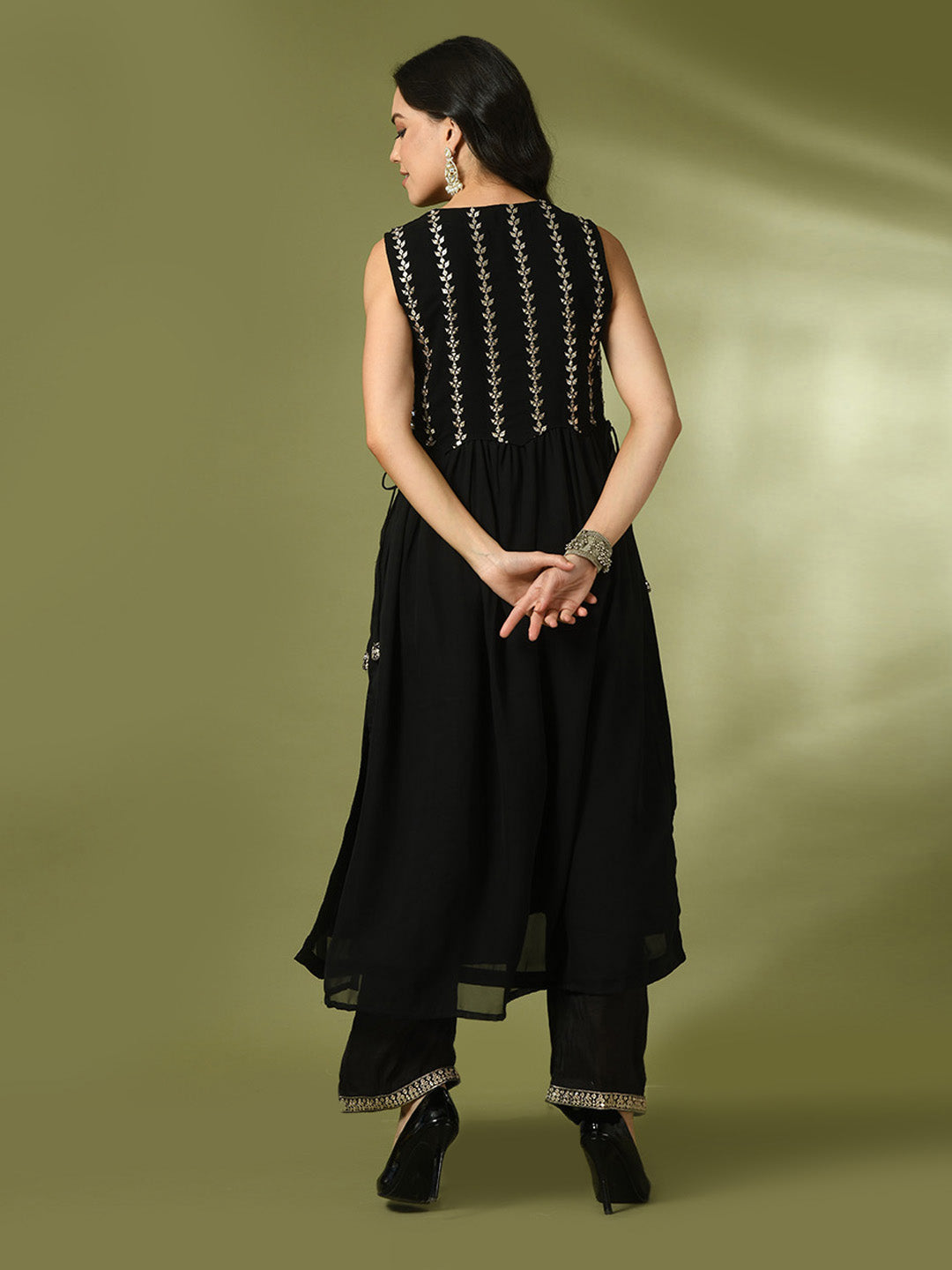 Women's  Black Embroidered Georgette Anarkali Party Kurta Sets