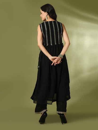 Women's  Black Embroidered Georgette Anarkali Party Kurta Sets