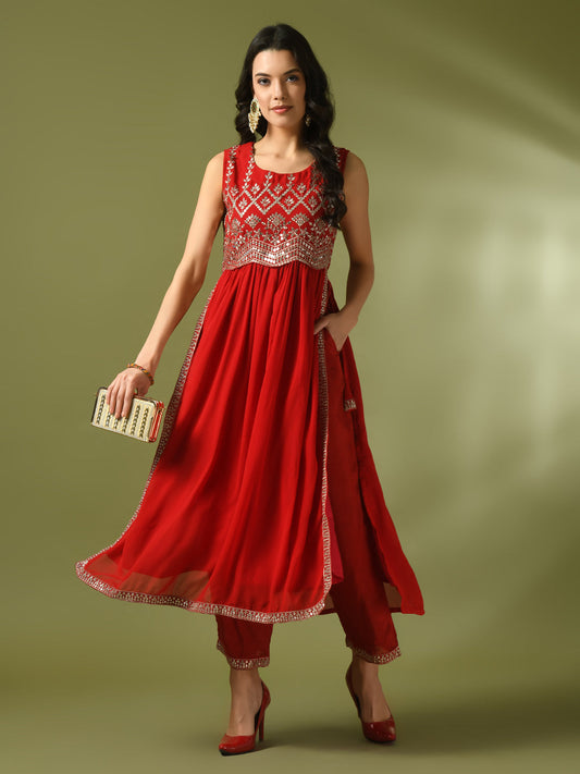 Women's  Red Embroidered Georgette Anarkali Party Kurta Sets