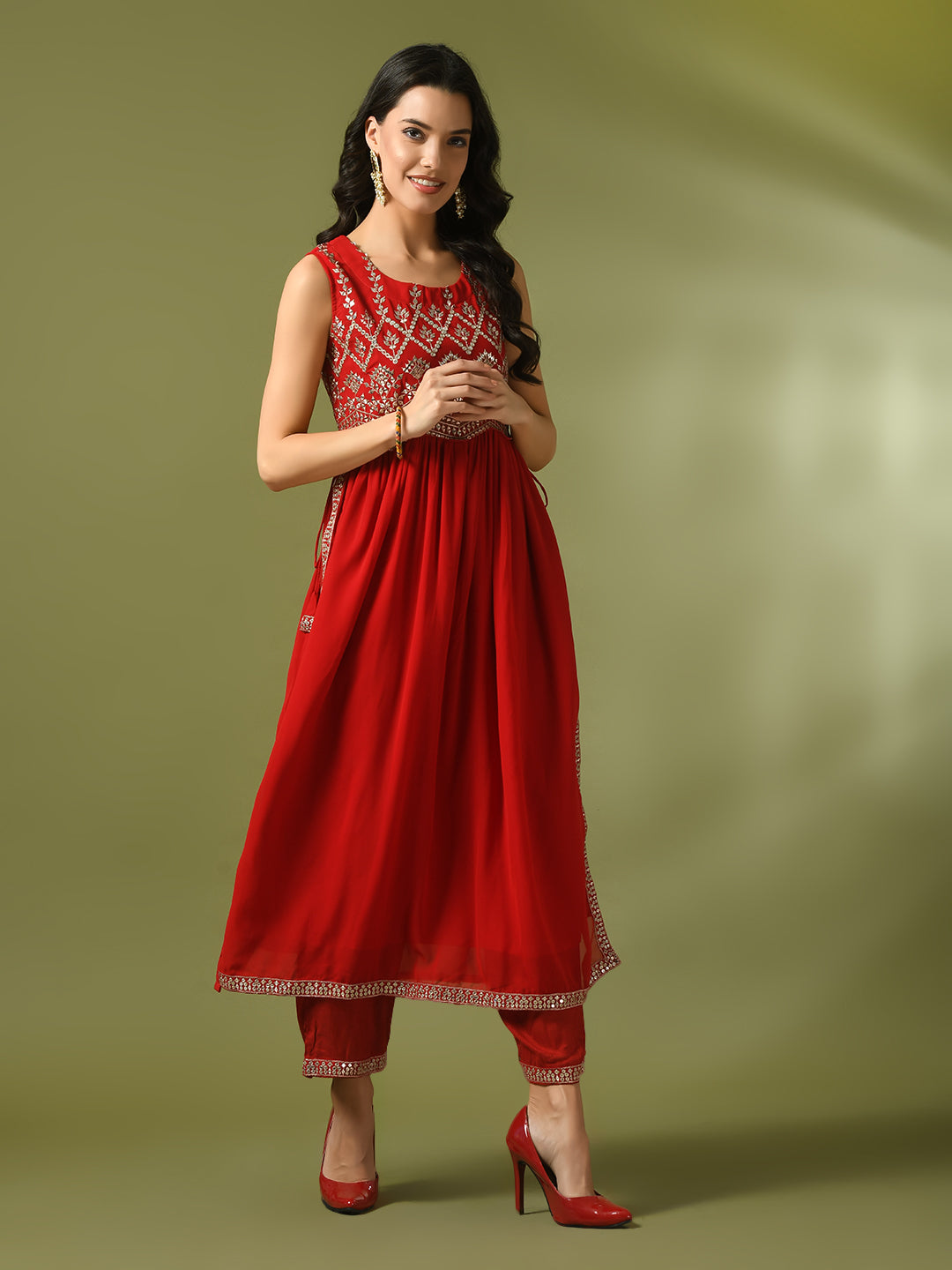 Women's  Red Embroidered Georgette Anarkali Party Kurta Sets