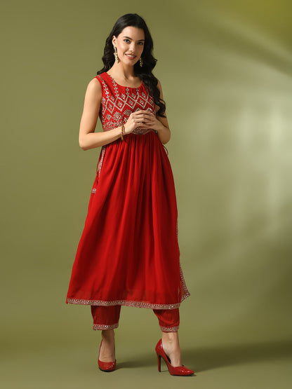 Women's  Red Embroidered Georgette Anarkali Party Kurta Sets