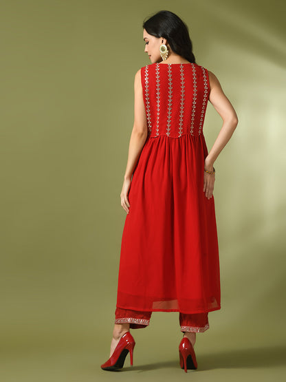 Women's  Red Embroidered Georgette Anarkali Party Kurta Sets