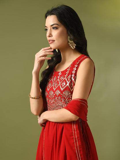 Women's  Red Embroidered Georgette Anarkali Party Kurta Sets