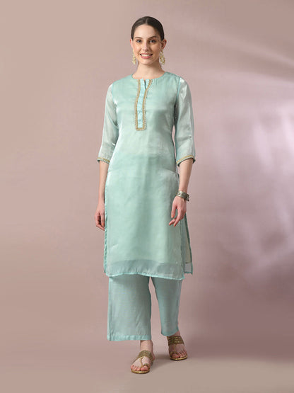 Women's  Sea Green Solid Straight Party Kurta Sets