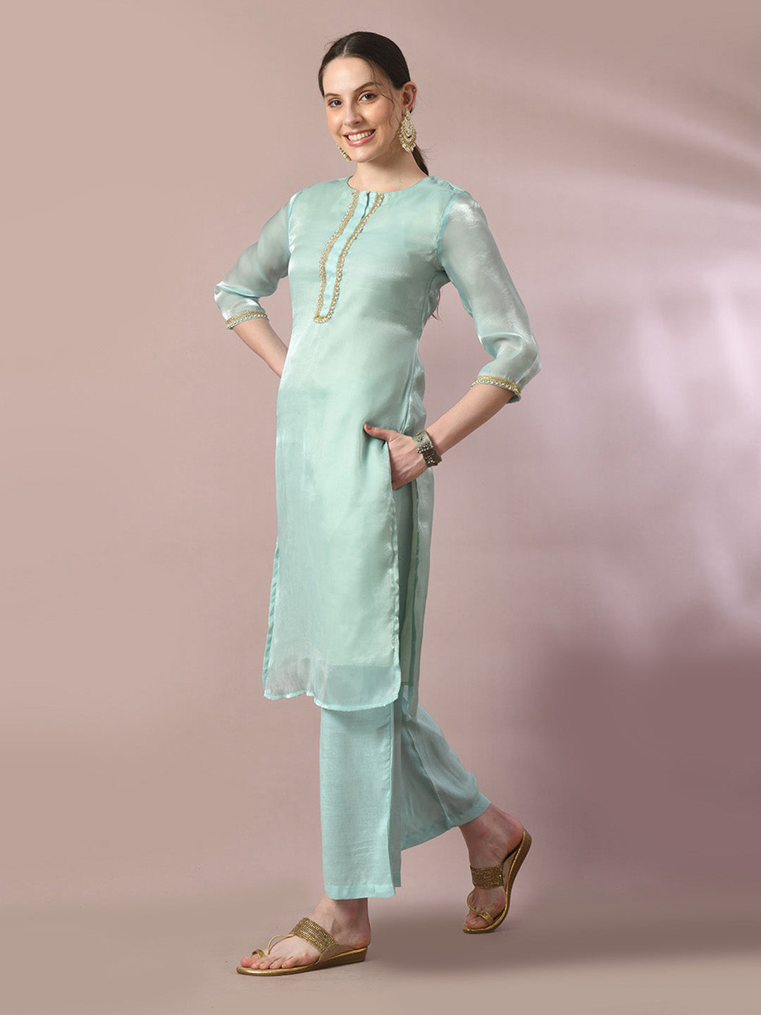 Women's  Sea Green Solid Straight Party Kurta Sets