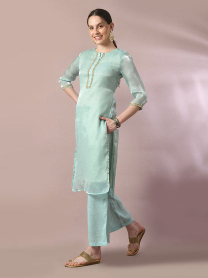 Women's  Sea Green Solid Straight Party Kurta Sets