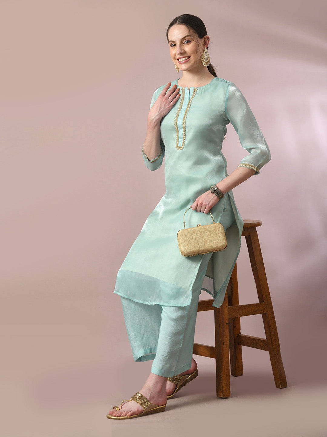 Women's  Sea Green Solid Straight Party Kurta Sets