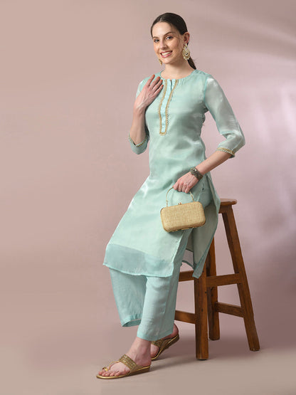 Women's  Sea Green Solid Straight Party Kurta Sets