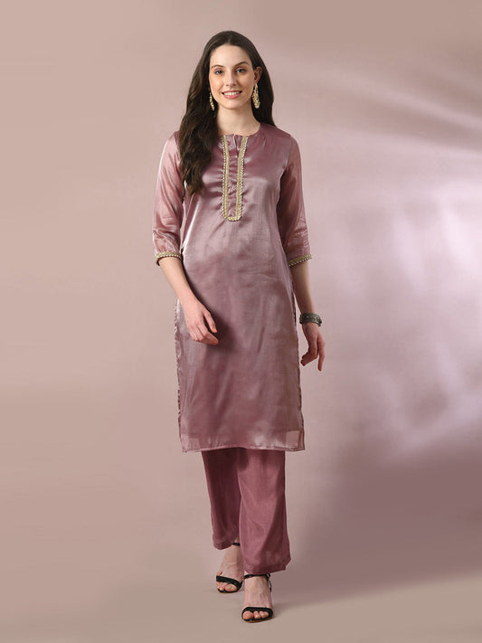 Women's  Brown Solid Straight Party Kurta Sets