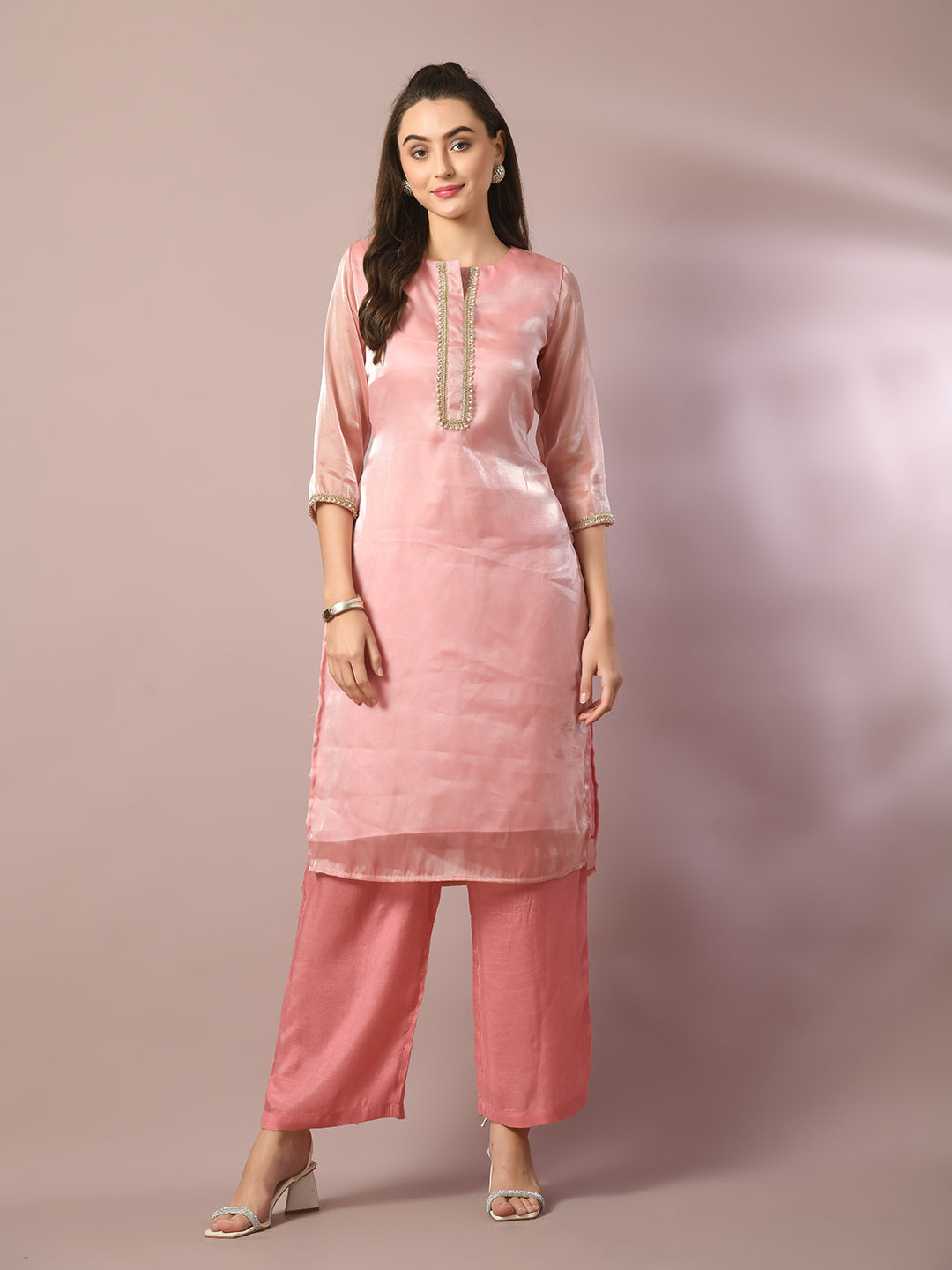Women's  Pink Solid Straight Party Kurta Sets
