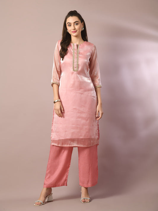 Women's  Pink Solid Straight Party Kurta Sets