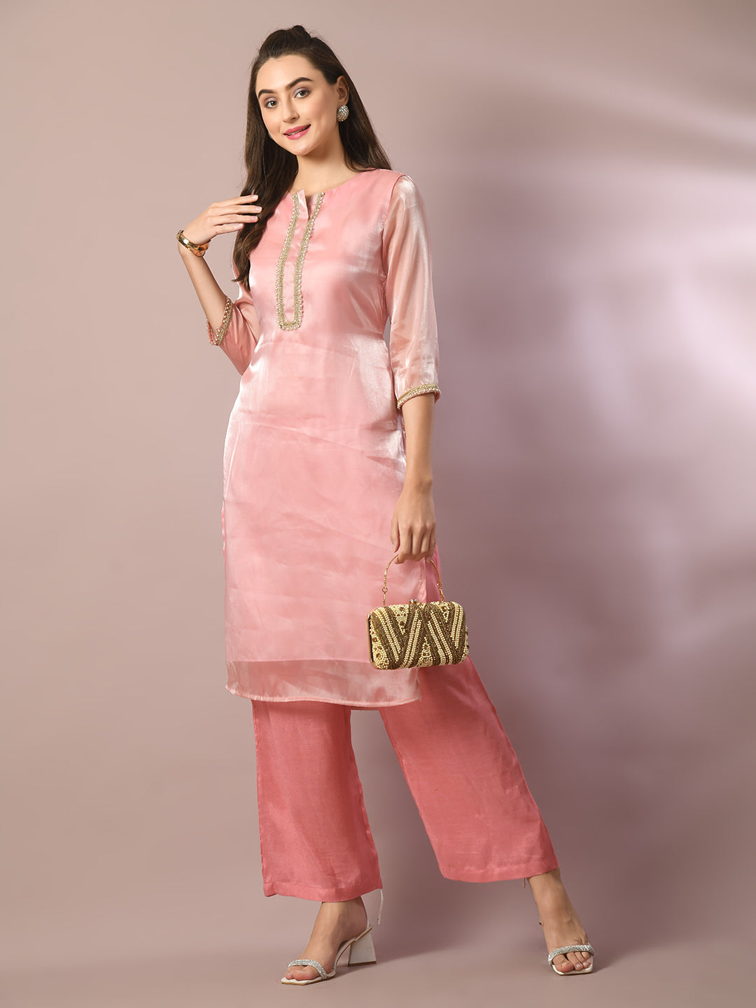 Women's  Pink Solid Straight Party Kurta Sets