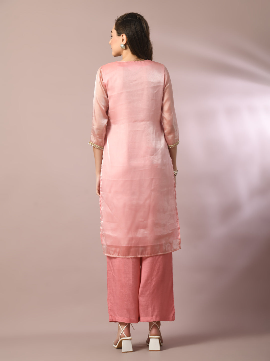 Women's  Pink Solid Straight Party Kurta Sets