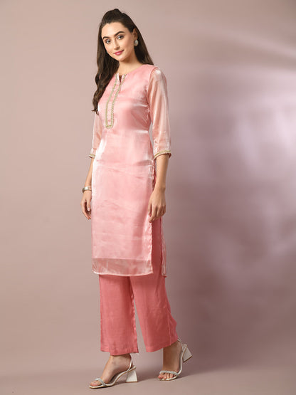 Women's  Pink Solid Straight Party Kurta Sets