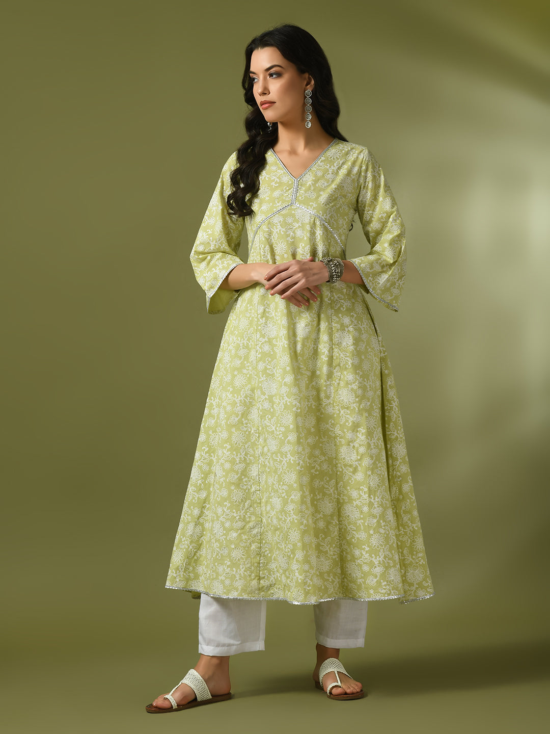 Women's Lime Green Printed Cotton Anarkali Party Kurta Sets