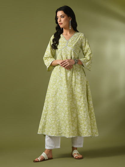 Women's Lime Green Printed Cotton Anarkali Party Kurta Sets