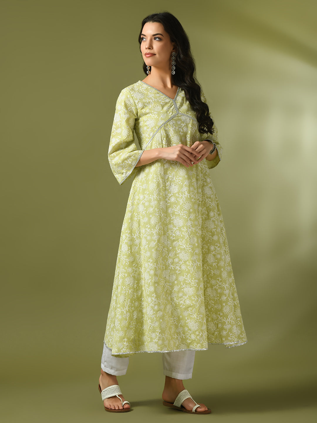 Women's Lime Green Printed Cotton Anarkali Party Kurta Sets