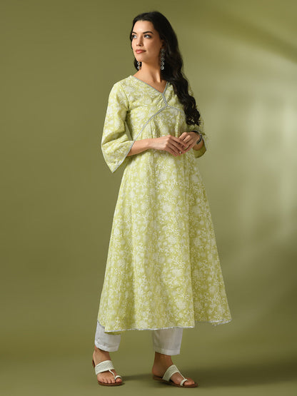 Women's Lime Green Printed Cotton Anarkali Party Kurta Sets