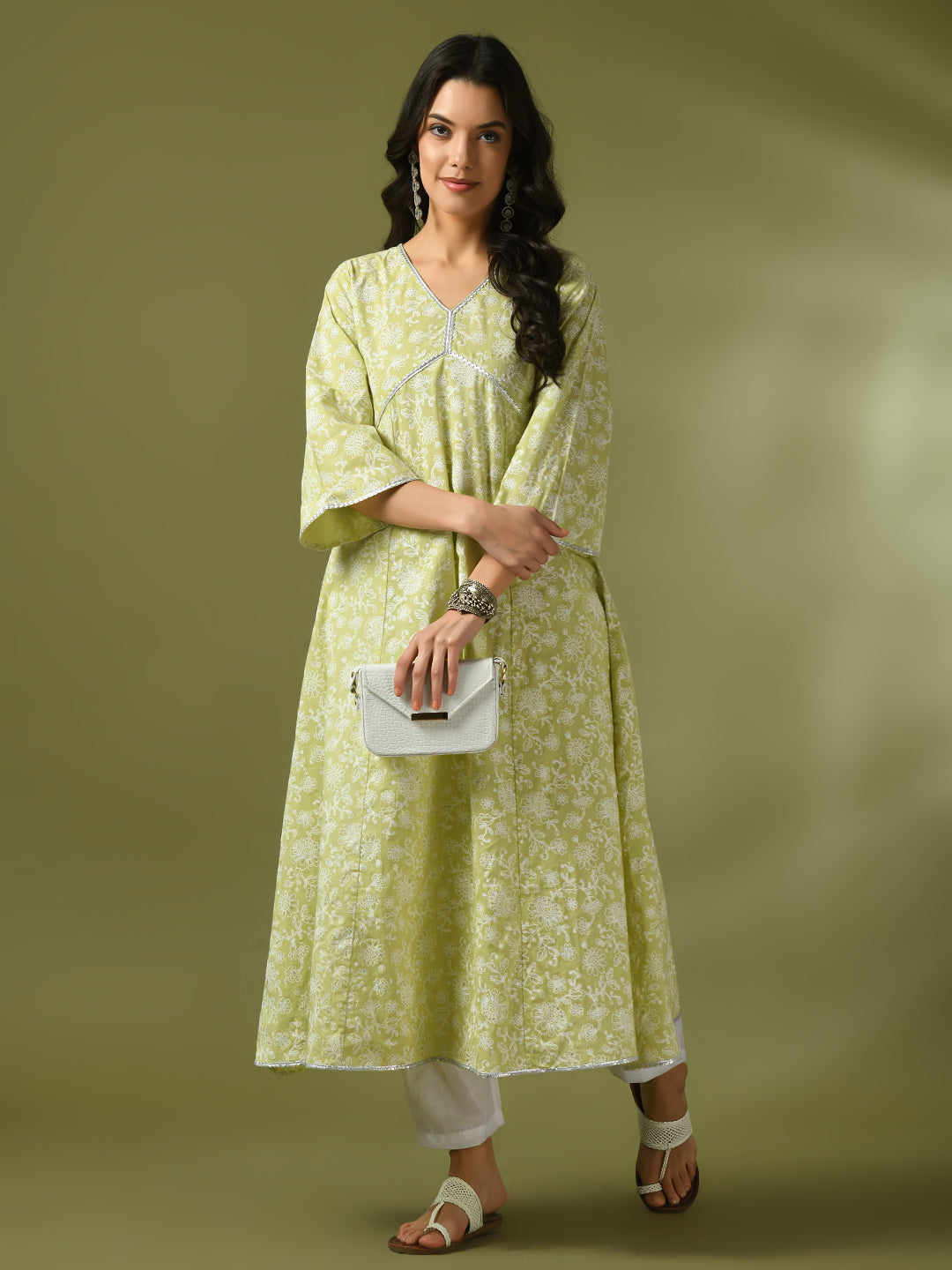 Women's Lime Green Printed Cotton Anarkali Party Kurta Sets