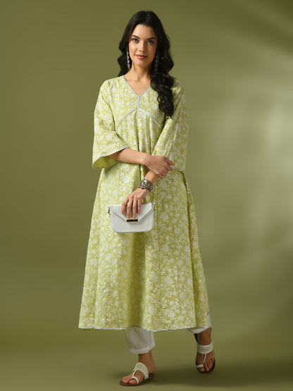 Women's Lime Green Printed Cotton Anarkali Party Kurta Sets