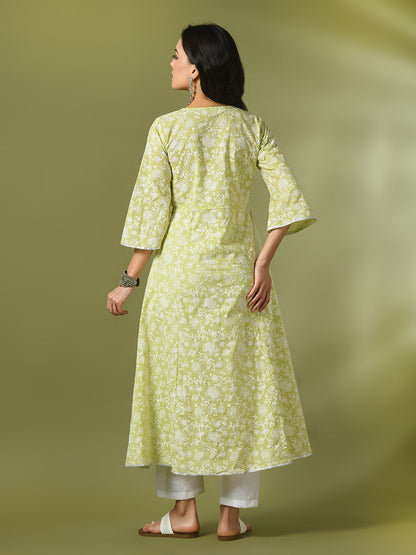 Women's Lime Green Printed Cotton Anarkali Party Kurta Sets