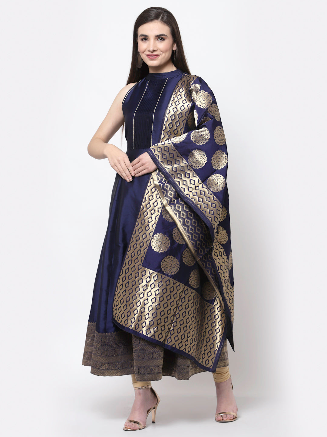 Women's Myshka Trendy Design Blue Silk Blend Sleeveless Round Neck Gown with Dupatta (2 pieces)
