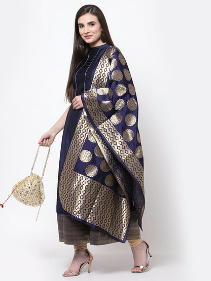 Women's Myshka Trendy Design Blue Silk Blend Sleeveless Round Neck Gown with Dupatta (2 pieces)