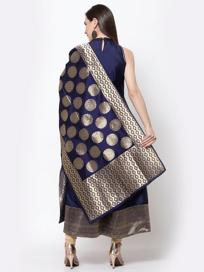Women's Myshka Trendy Design Blue Silk Blend Sleeveless Round Neck Gown with Dupatta (2 pieces)