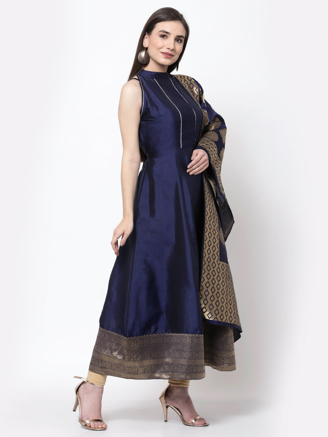Women's Myshka Trendy Design Blue Silk Blend Sleeveless Round Neck Gown with Dupatta (2 pieces)