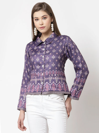 Women Purple Cotton Printed Shirt by Myshka (