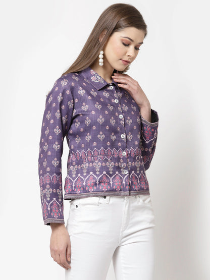 Women Purple Cotton Printed Shirt by Myshka (