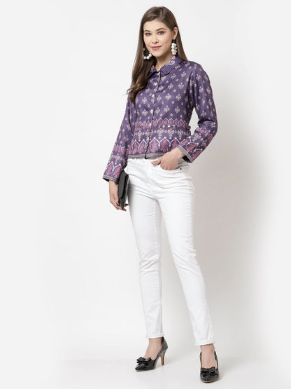 Women Purple Cotton Printed Shirt by Myshka (