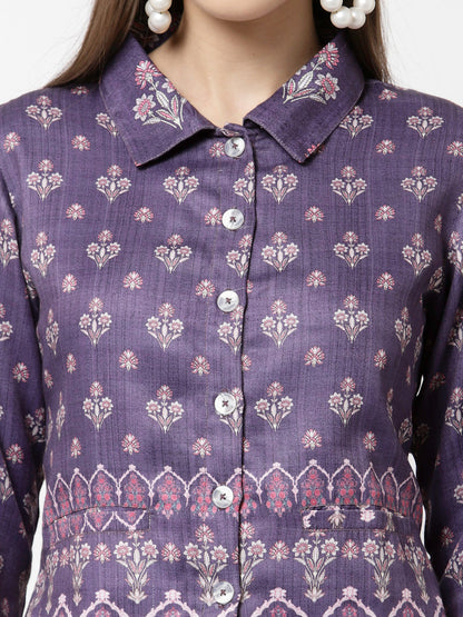 Women Purple Cotton Printed Shirt by Myshka (