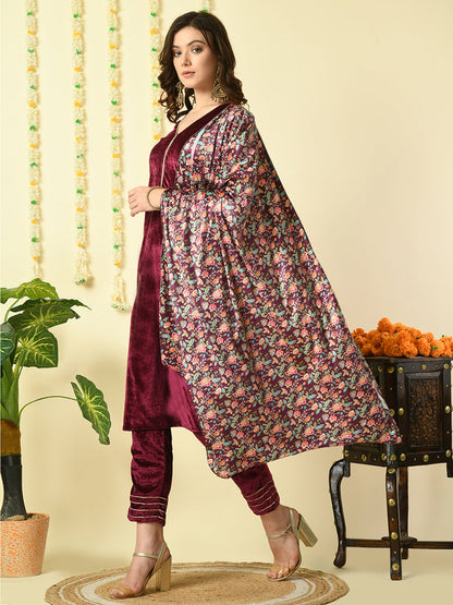 Women's Magenta  Velvet Kurta & Trousers With Dupatta Party Sets
