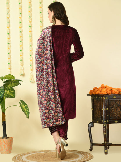 Women's Magenta  Velvet Kurta & Trousers With Dupatta Party Sets