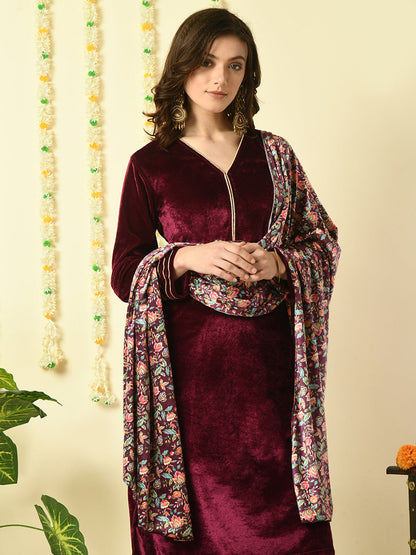 Women's Magenta  Velvet Kurta & Trousers With Dupatta Party Sets