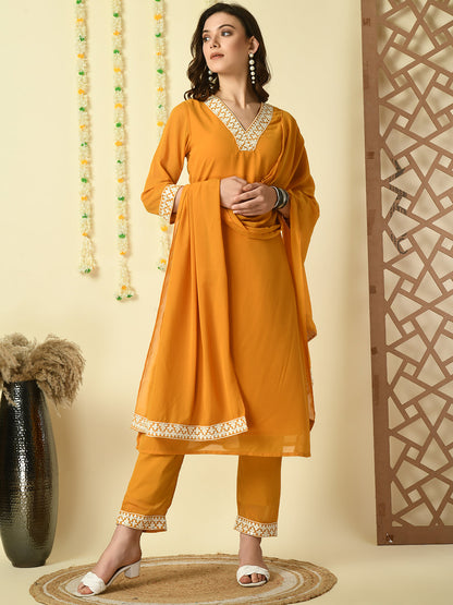 Women's Mustard  Georgette Kurta & Trousers With Dupatta Party Sets