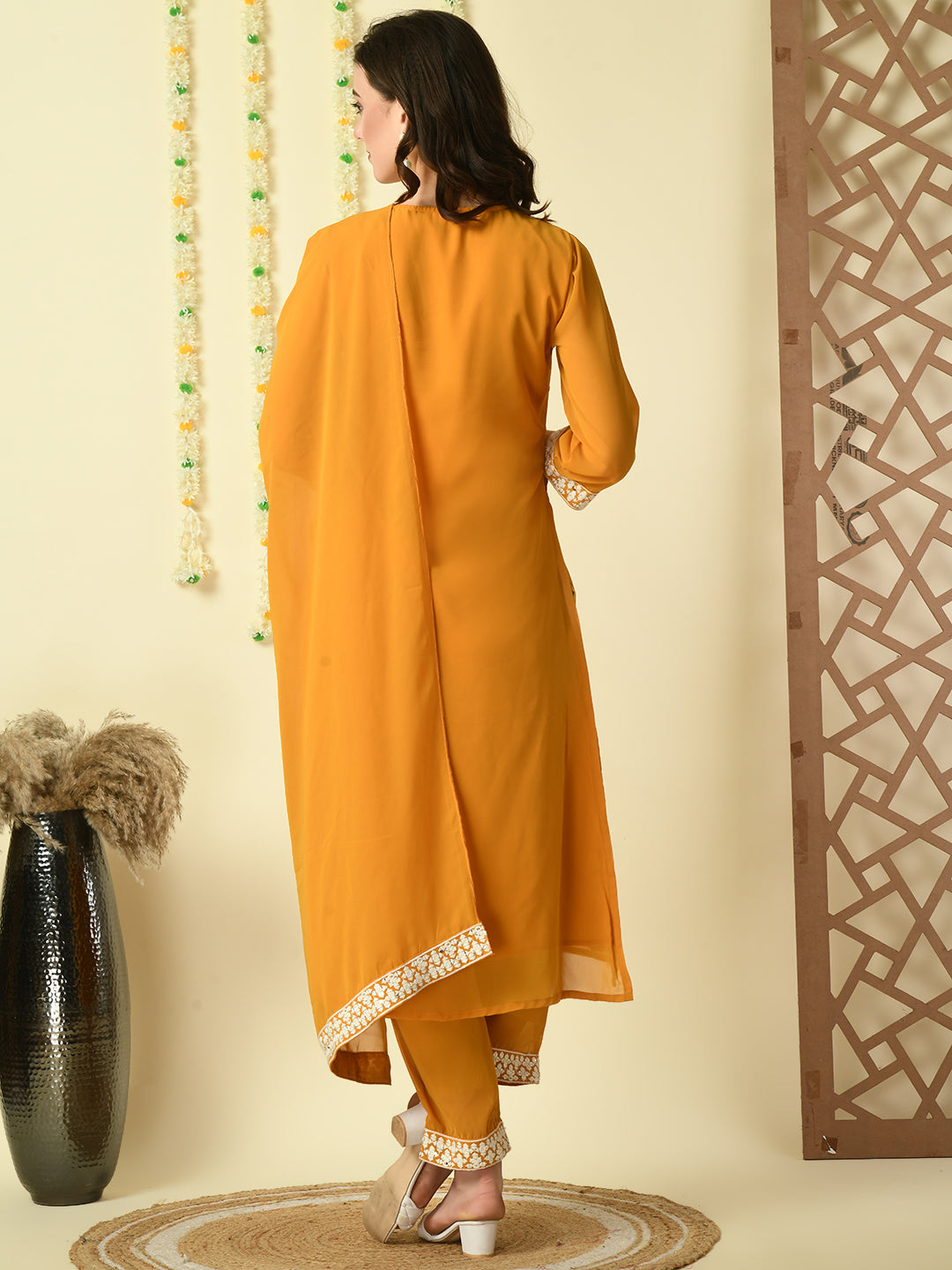 Women's Mustard  Georgette Kurta & Trousers With Dupatta Party Sets