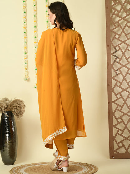 Women's Mustard  Georgette Kurta & Trousers With Dupatta Party Sets