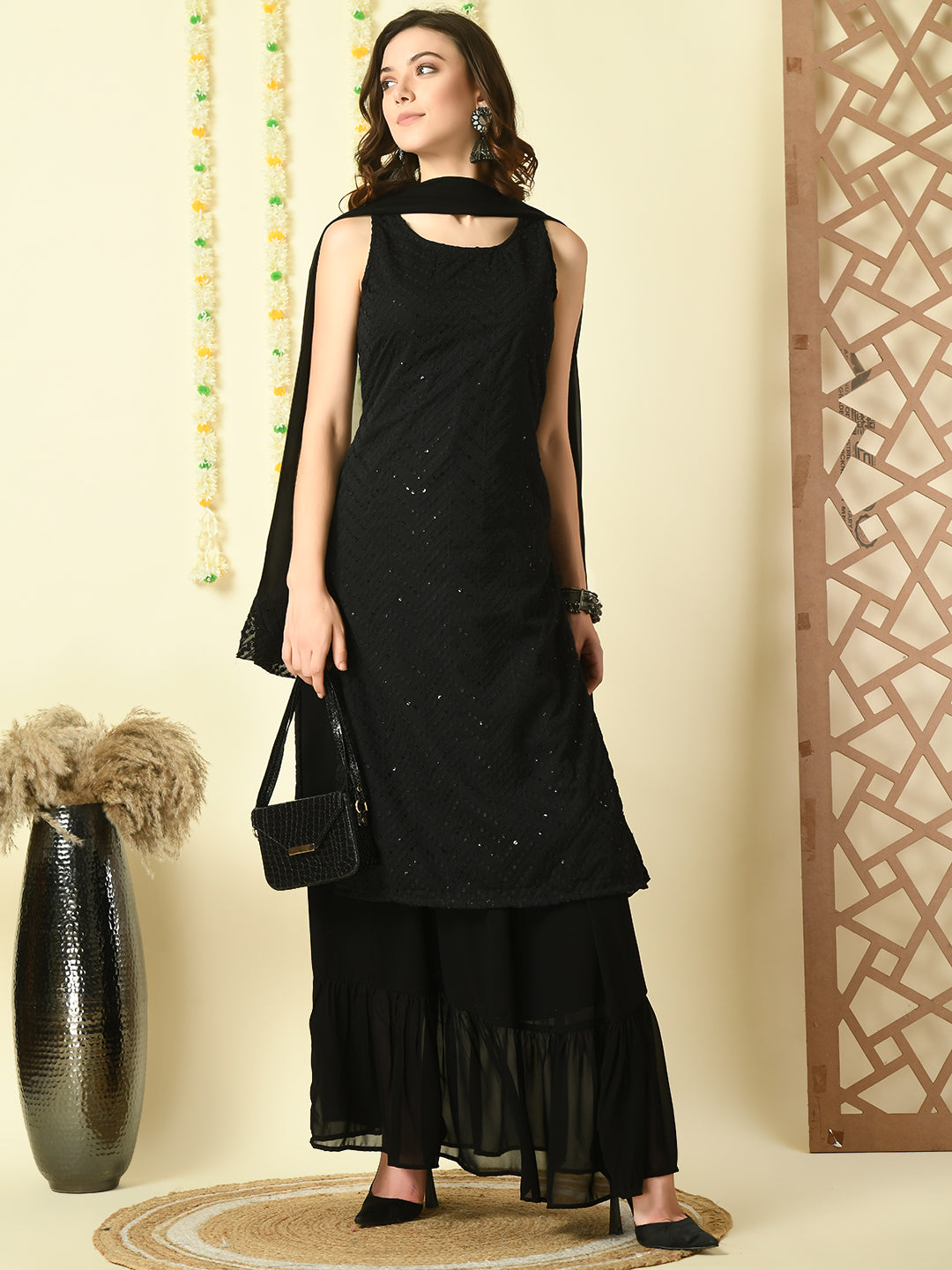 Women's Black  Georgette Kurta & Skirt With Dupatta Party Sets