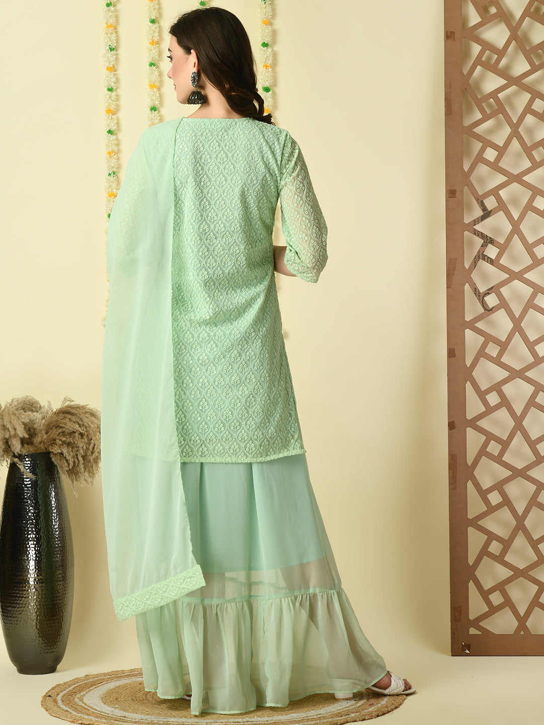 Women's Green  Georgette Kurti & Skirt With Dupatta Party Sets