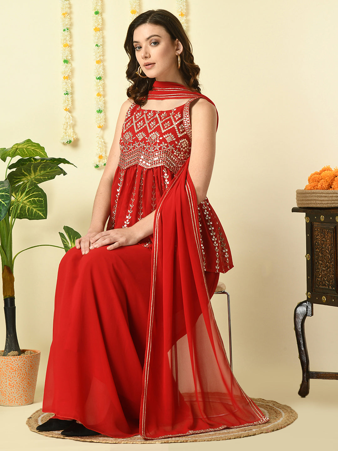 Women's Red  Georgette Top & Skirt With Dupatta Party Sets