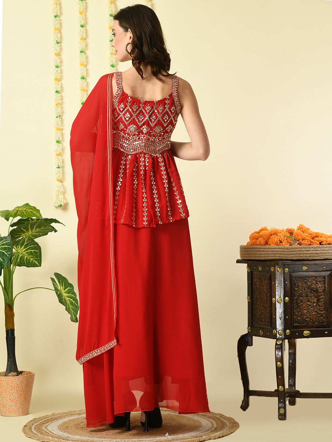 Women's Red  Georgette Top & Skirt With Dupatta Party Sets