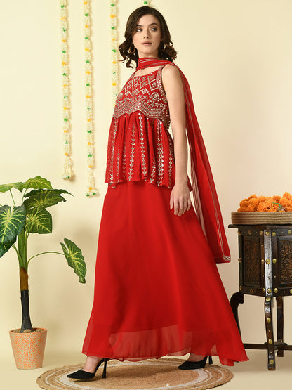 Women's Red  Georgette Top & Skirt With Dupatta Party Sets