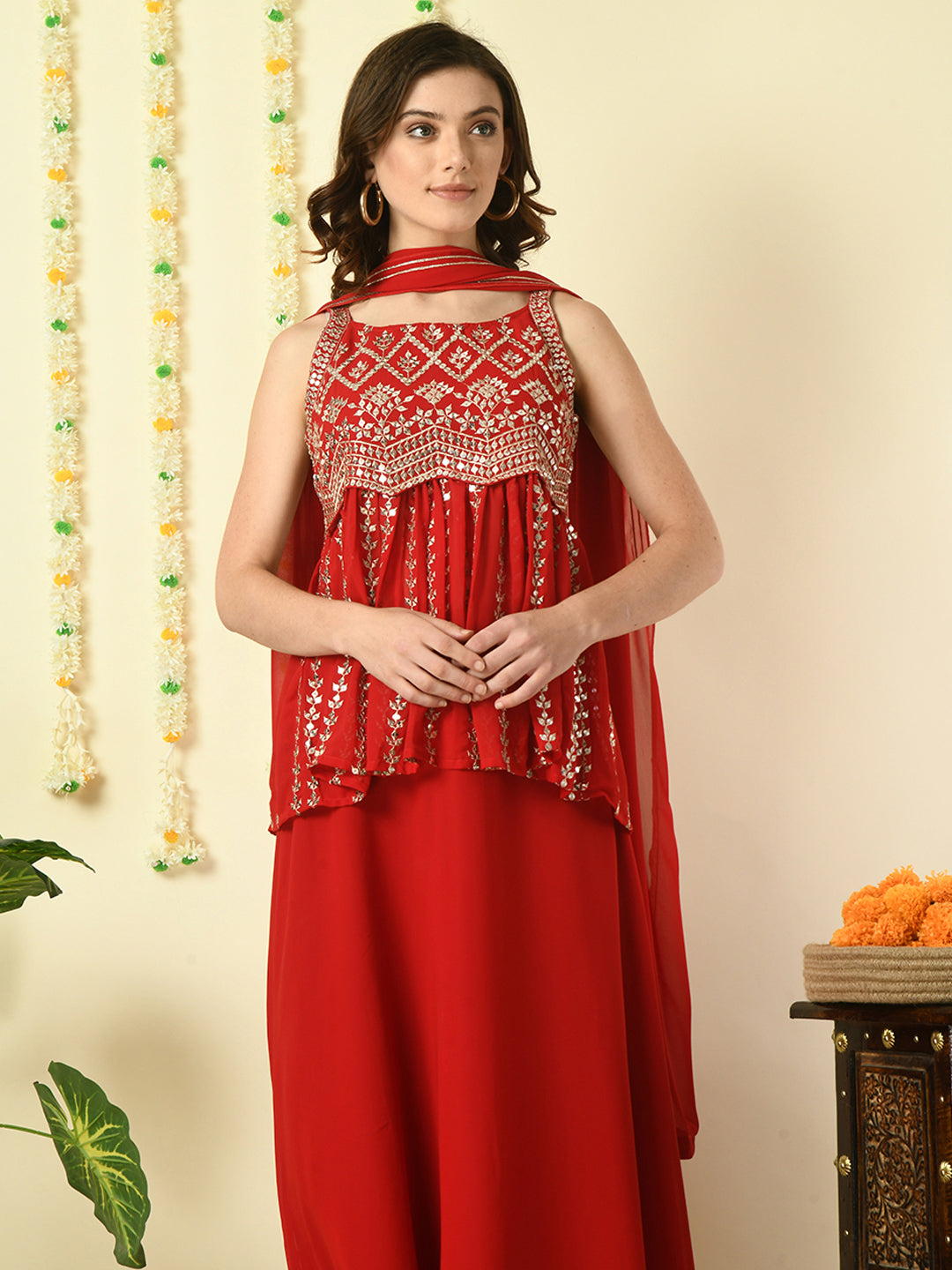 Women's Red  Georgette Top & Skirt With Dupatta Party Sets