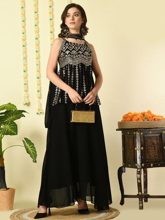 Women's Black  Georgette Top & Skirt With Dupatta Party Sets